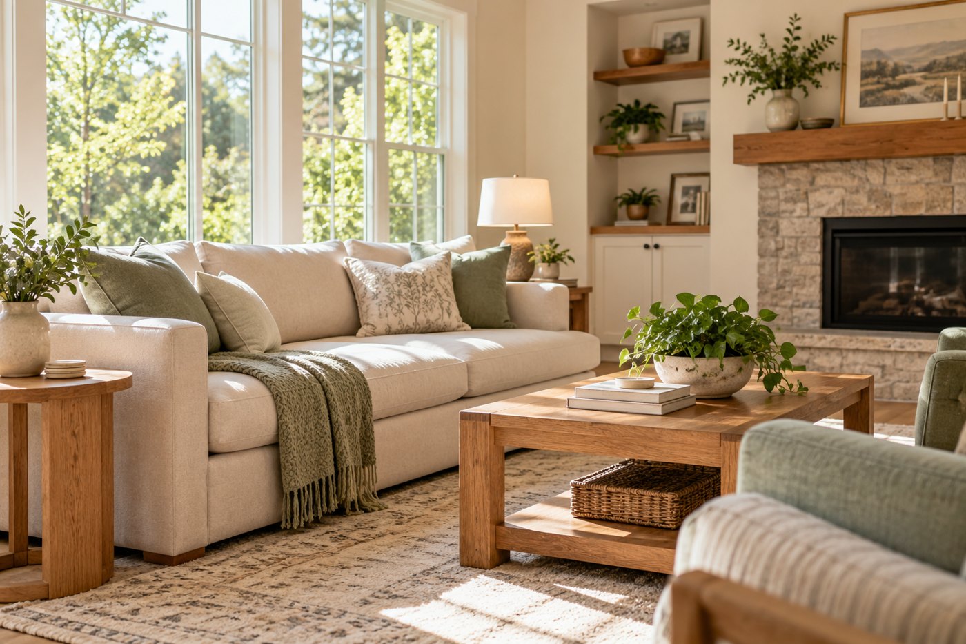 A bright, welcoming living room with warm wood and soft natural light